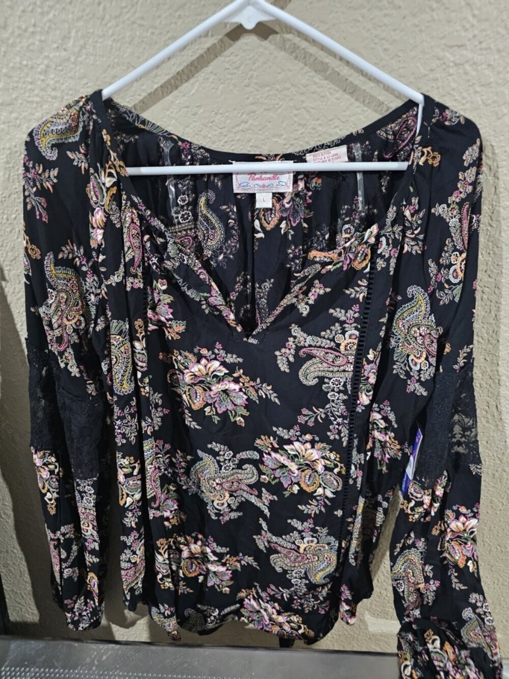 Panhandle Black Paisley Print Peasant Blouse Shirt Women's Large NEW
